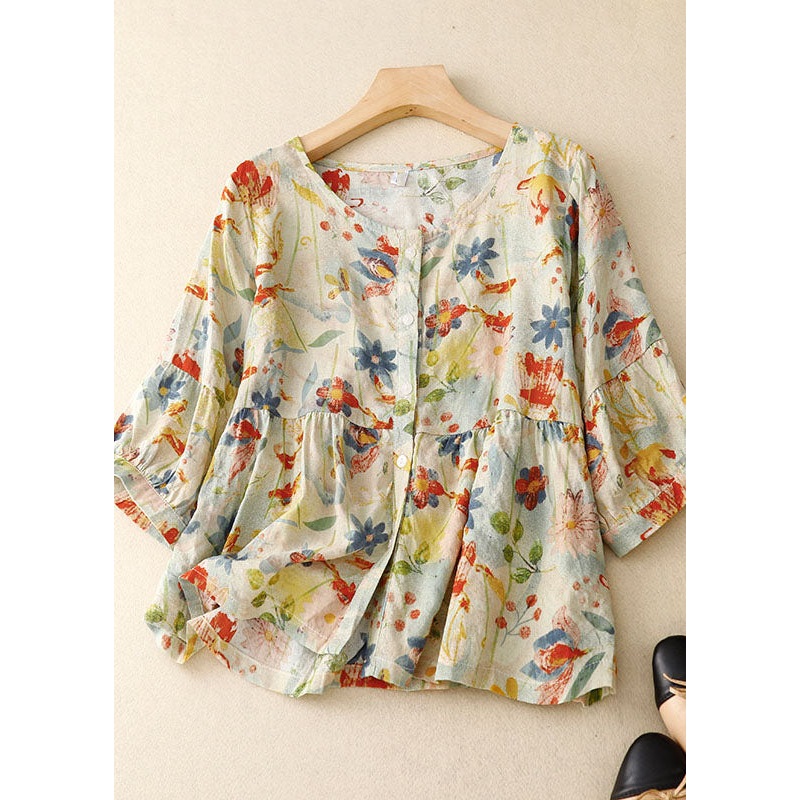 Italian Floral Wrinkled Button Patchwork Linen T Shirts Summer