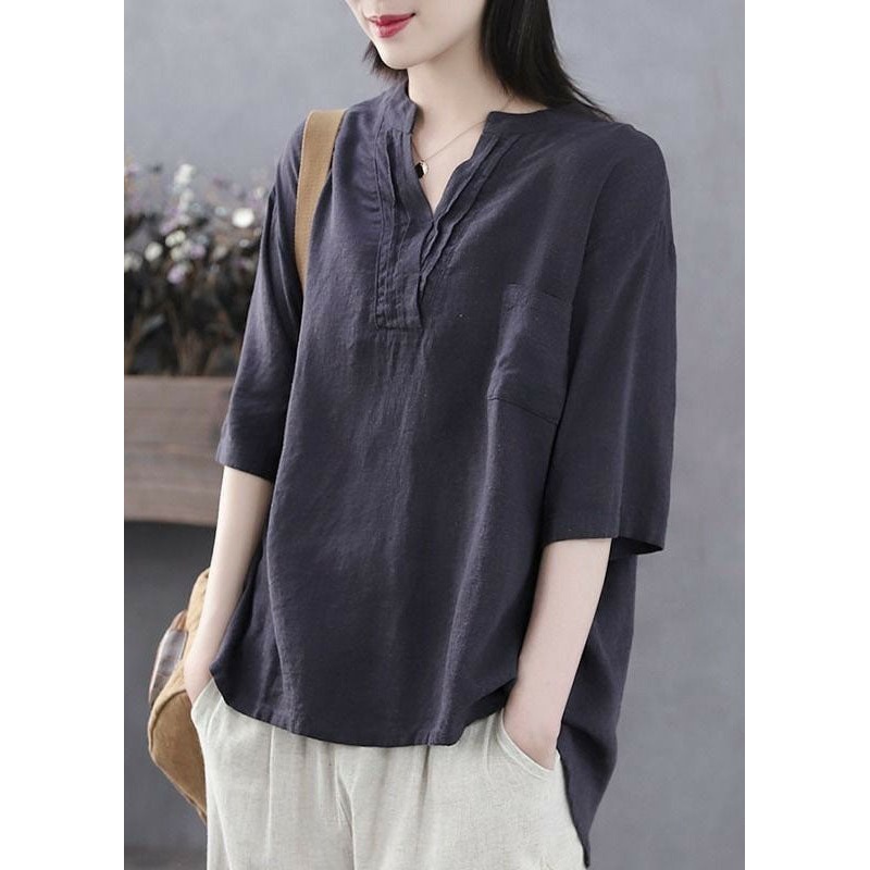 Italian Navy V Neck Pockets Patchwork Cotton T Shirt Summer
