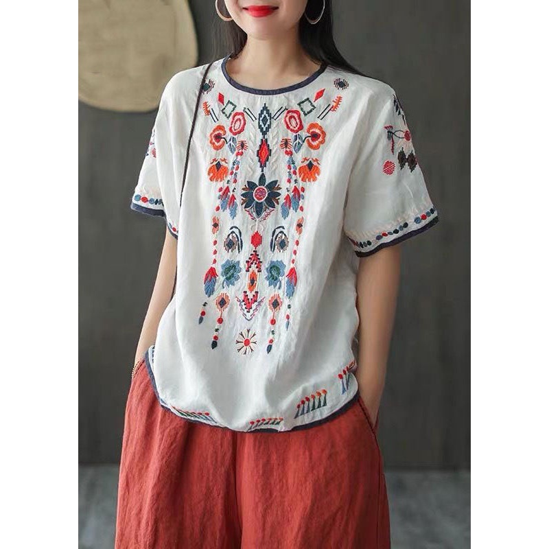 Italian White O Neck Embroideried Patchwork Linen T Shirts Summer