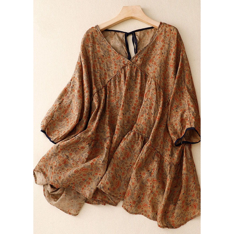 Khaki Print Patchwork Cotton T Shirt Top V Neck Lace Up Summer