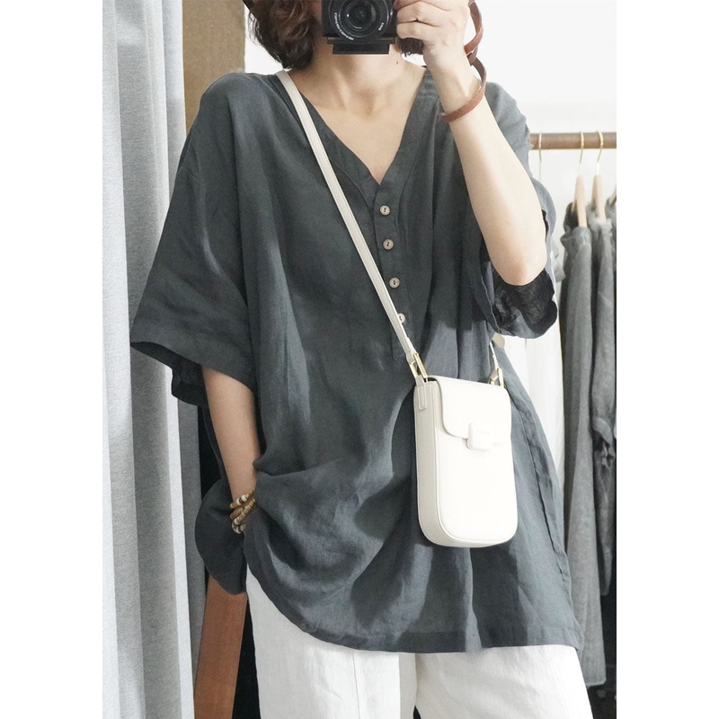 Loose Grey V Neck Button Patchwork Linen Shirt Top Summer