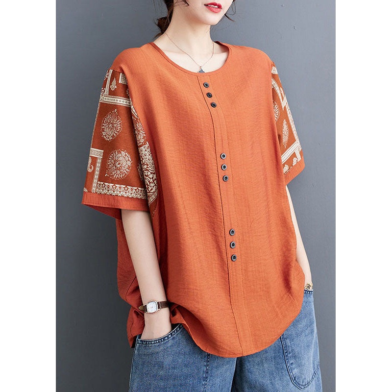 Loose Orange O Neck Print Patchwork Cotton T Shirt Top Short Sleeve