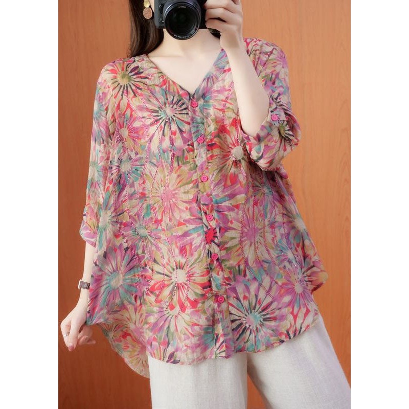 Loose Pink V Neck Print Zircon Cotton T Shirt Top Summer