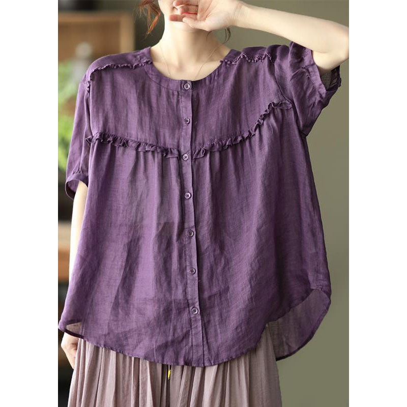 Loose Purple Ruffled Button Patchwork Cotton Shirts Top Summer