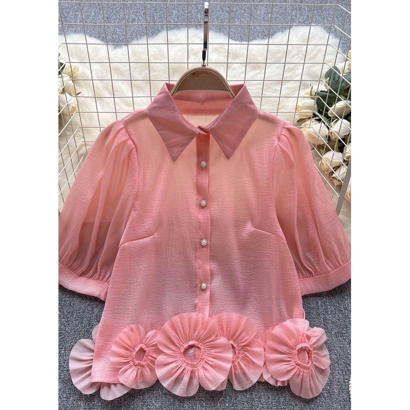 Modern Pink Peter Pan Collar Floral Patchwork Chiffon Shirts Top Summer