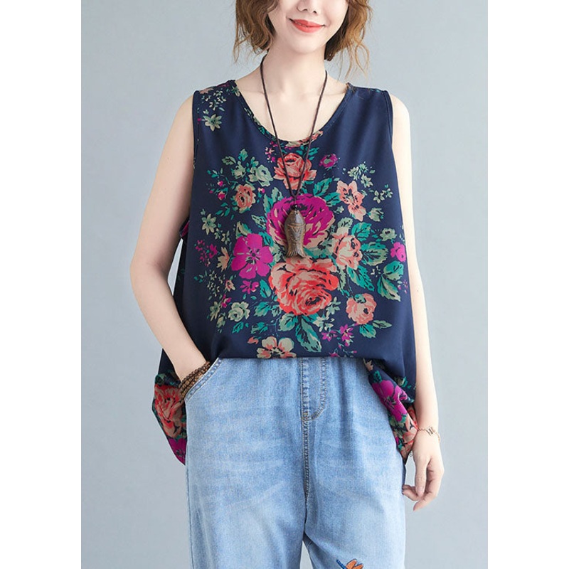 Natural Navy O Neck Print Patchwork Cotton T Shirts Top Sleeveless