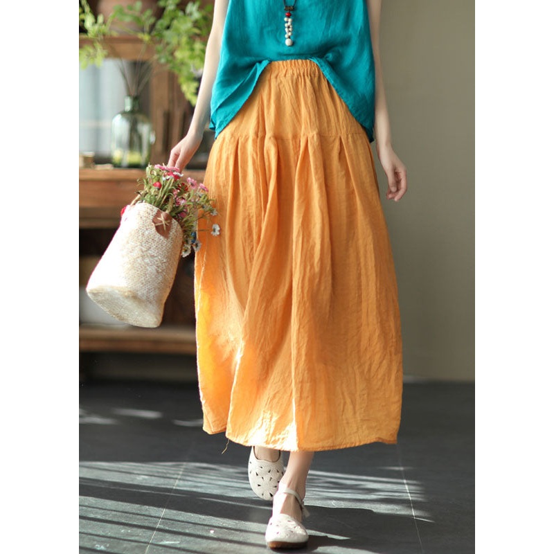 Organic Yellow Wrinkled Elastic Waist Patchwork Linen Skirts Summer