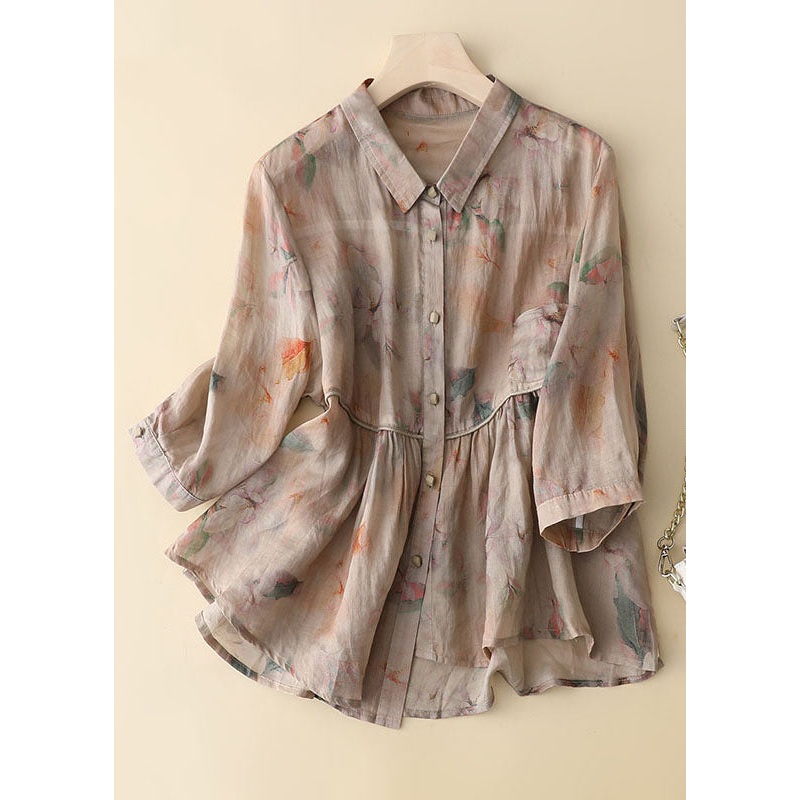 Pink Print Patchwork Cotton Shirts Button Wrinkled Bracelet Sleeve