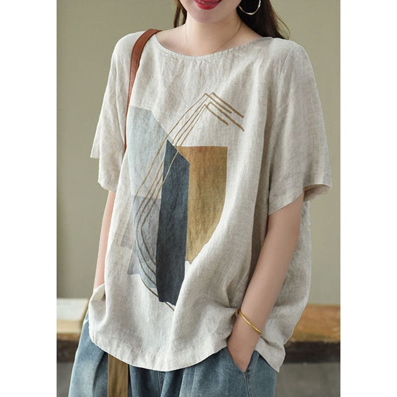 Plus Size Apricot O Neck Print Patchwork Linen T Shirts Top Summer