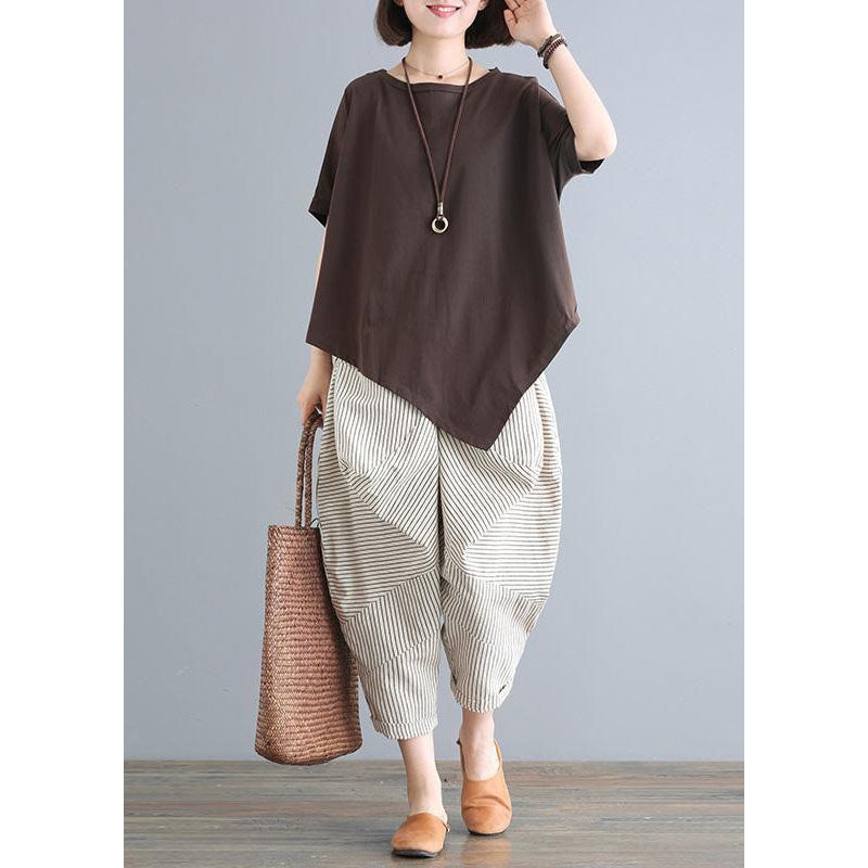 Plus Size Black O-Neck Asymmetrical Tops And Pants Cotton Two Pieces Set Summer