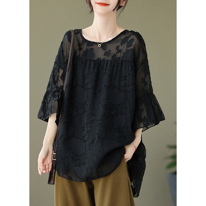 Plus Size Black O Neck Patchwork Chiffon Shirt Flare Sleeve