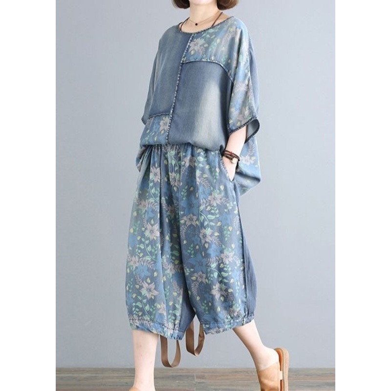 Plus Size Blue O-Neck Print Patchwork Denim Two Pieces Set Summer