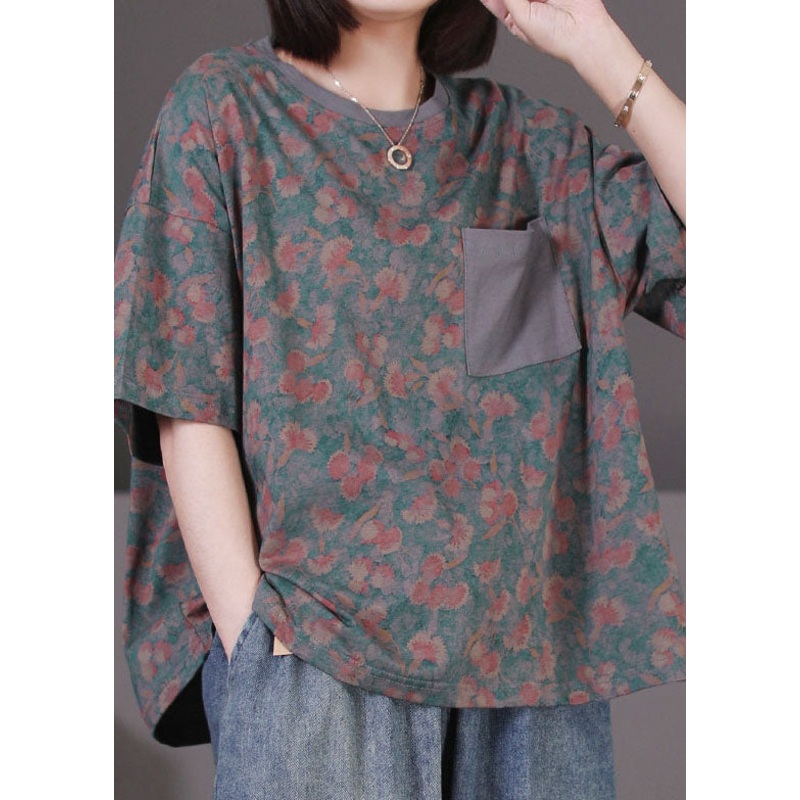 Plus Size Floral O Neck Pockets Patchwork Cotton T Shirt Top Summer