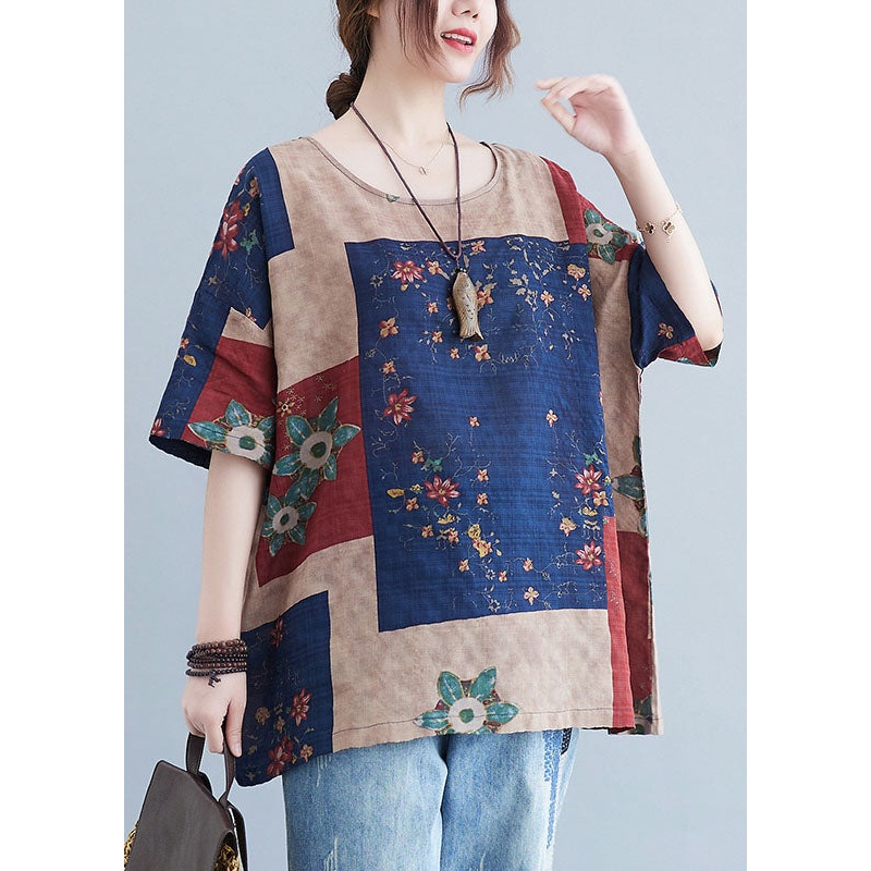Plus Size Navy O Neck Print Patchwork Cotton T Shirts Summer