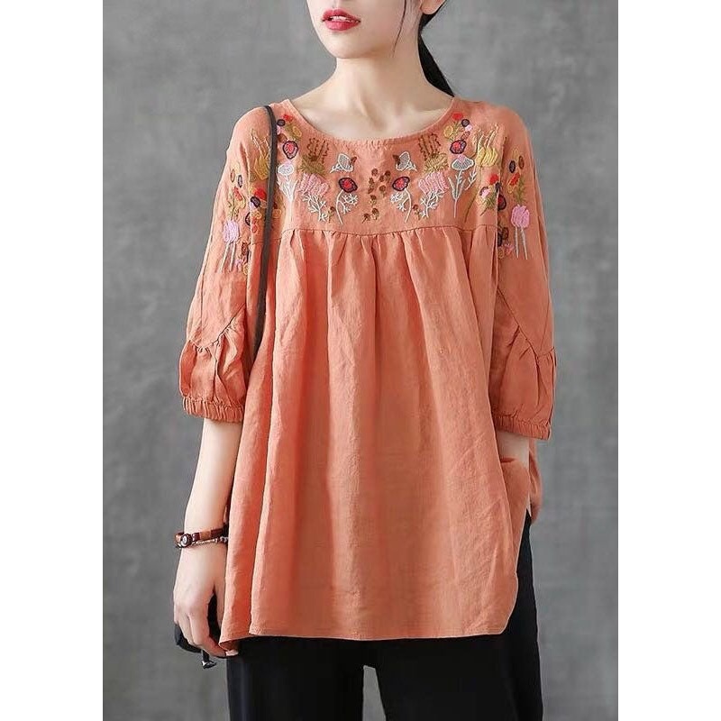 Plus Size Orange O-Neck Embroidered Wrinkled Patchwork Linen T-Shirt Summer