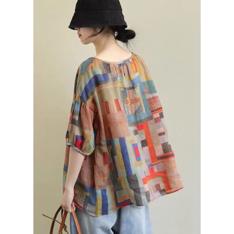 Plus Size V Neck Geometric Print Patchwork Linen T Shirts Top Summer