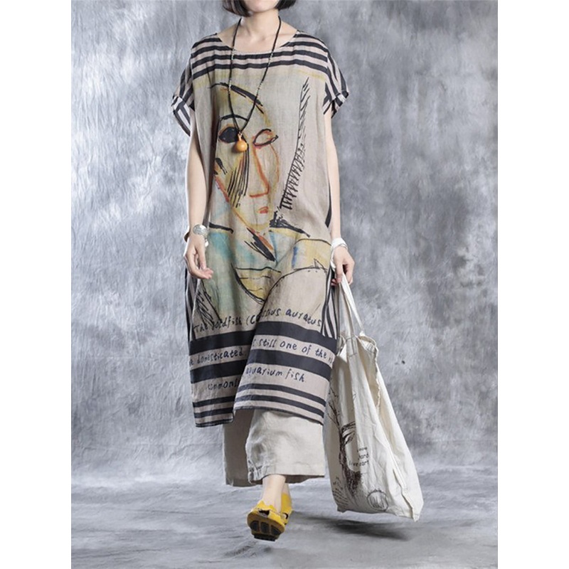 Plus Size Women Summer Vintage Print Loose O-Neck Dress