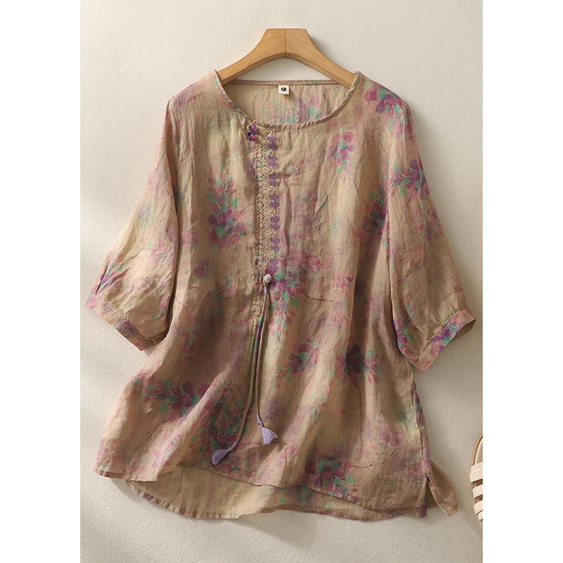 Purple Print Patchwork Cotton T Shirt Tops Tasseled O-Neck Summer