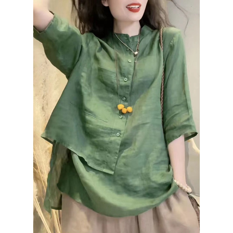 Retro Green Stand Collar Button Patchwork Cotton Shirt Tops Bracelet Sleeve