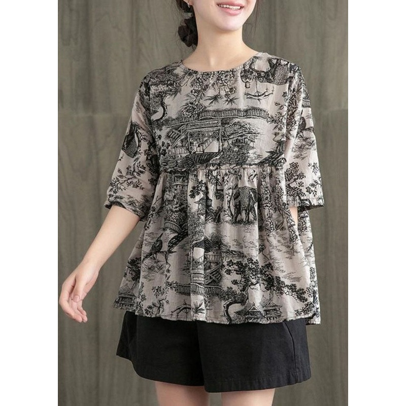 Retro Grey O Neck Print Wrinkled Patchwork Cotton Shirt Top Summer