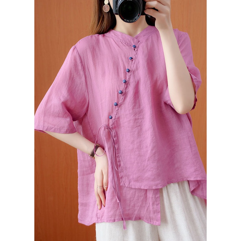 Retro Purple Stand Collar Button Lace Up Patchwork Linen Top Summer