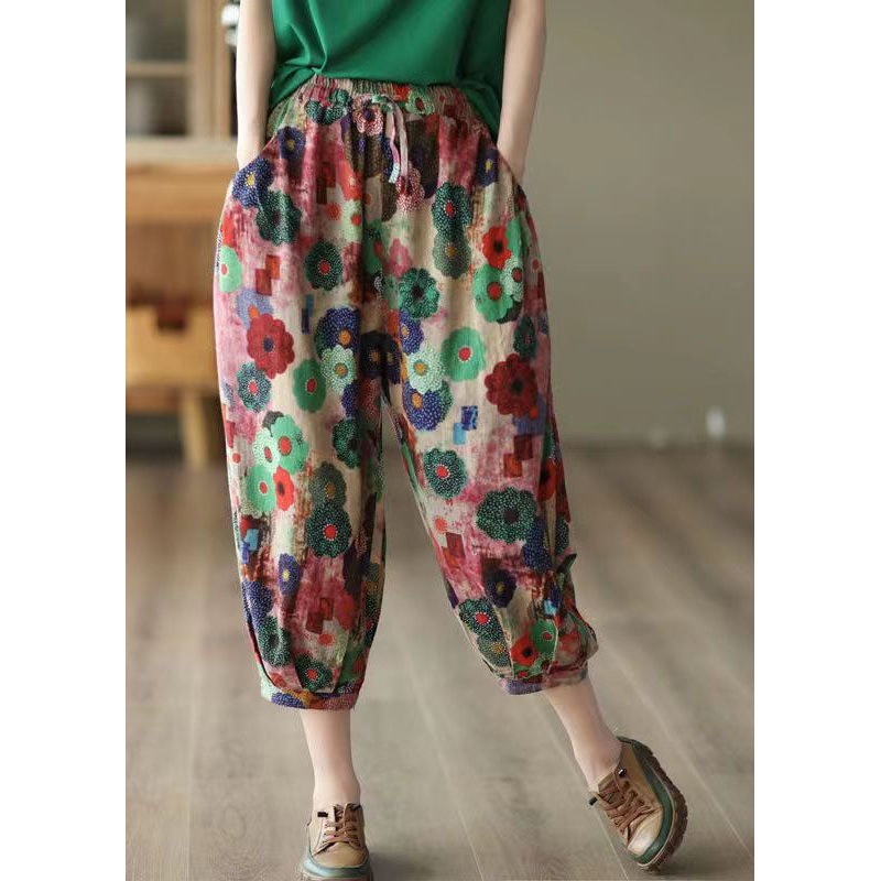 Retro Red Print Pockets Patchwork Cotton Crop Pants Summer