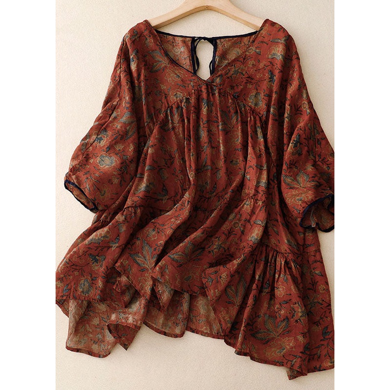Retro Red V Neck Print Wrinkled Patchwork Cotton T Shirts Summer