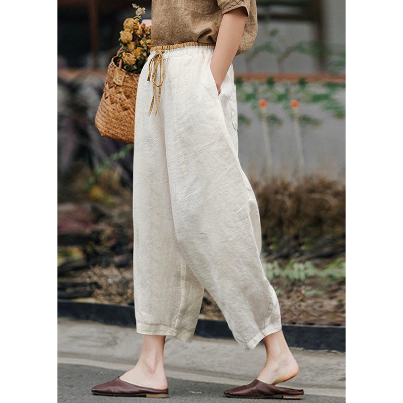 Simple White Pockets Elastic Waist Patchwork Linen Harem Pants Summer