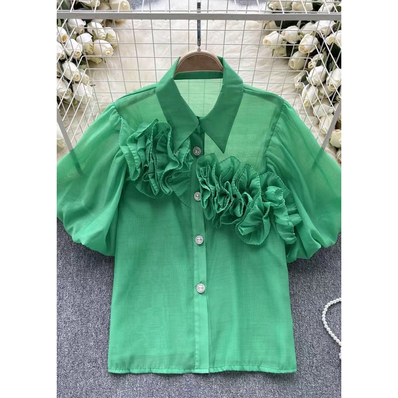 Style Green Peter Pan Collar Floral Patchwork Cotton Shirts Puff Sleeve