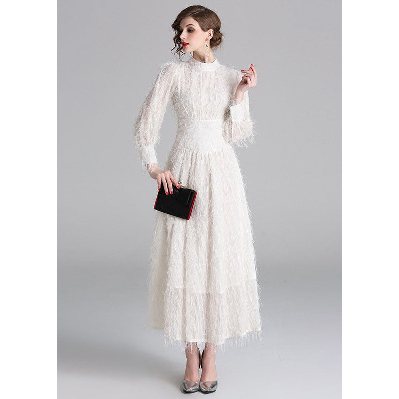 Stylish White Fluffy Tassel Patchwork Cotton Long Dresses Lantern Sleeve