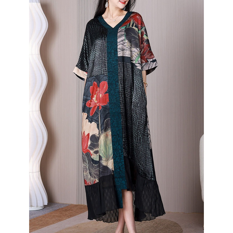 Summer Ethnic Flower Spliced V-Neck Loose Dress