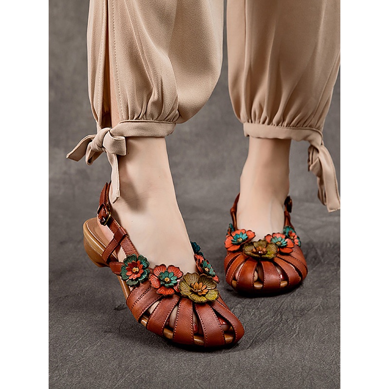 Summer Vintage Leather Flower Spliced Slippers