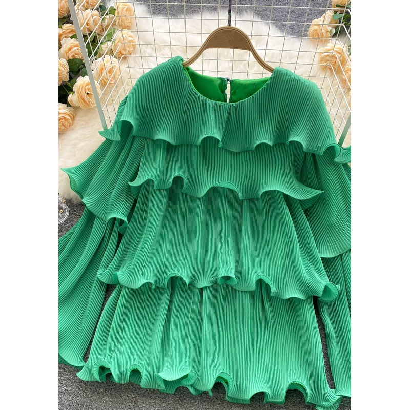 Unique Green O-Neck Ruffled Patchwork Chiffon Top Long Sleeve