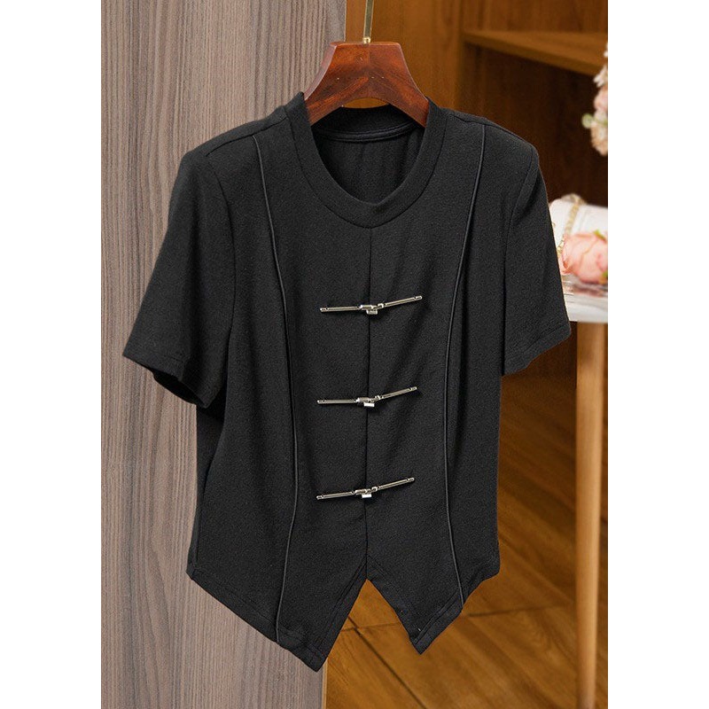 Vintage Black Asymmetrical Chinese Button Patchwork Cotton T Shirts Tops Summer