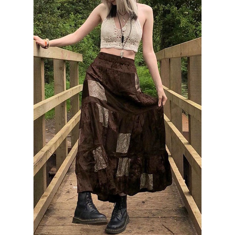 Vintage Brown Wrinkled Print Patchwork Cotton Skirts Summer