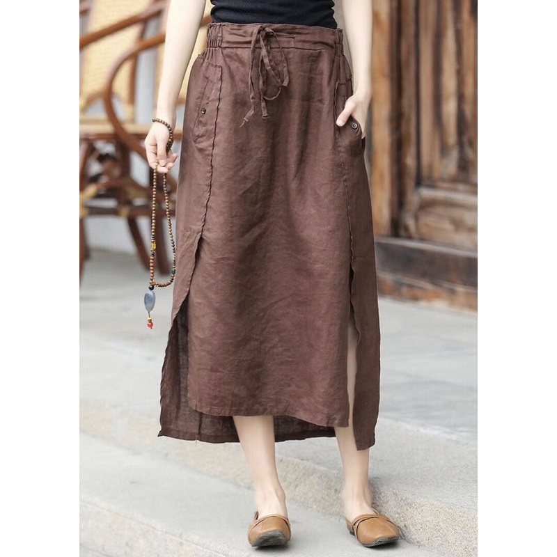Vintage Coffee Cinched Pockets Patchwork Linen Skirts Summer