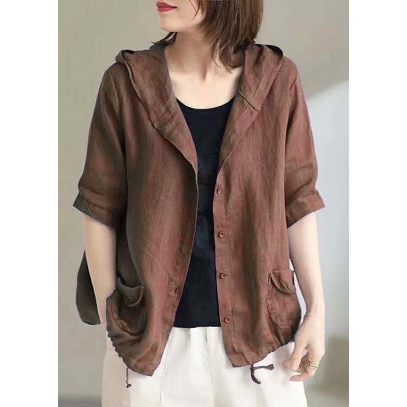 Vintage Coffee Hooded Pockets Cinched Button Patchwork Linen Coats Summer