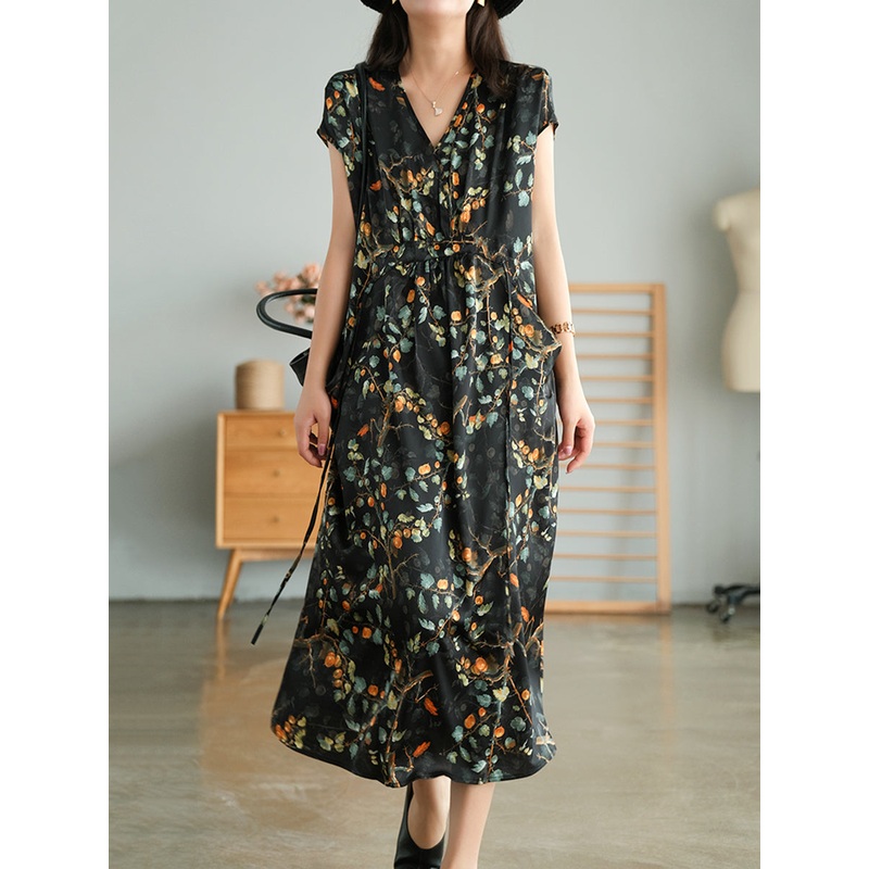 Vintage Floral Drawstring V-Neck Loose Dress