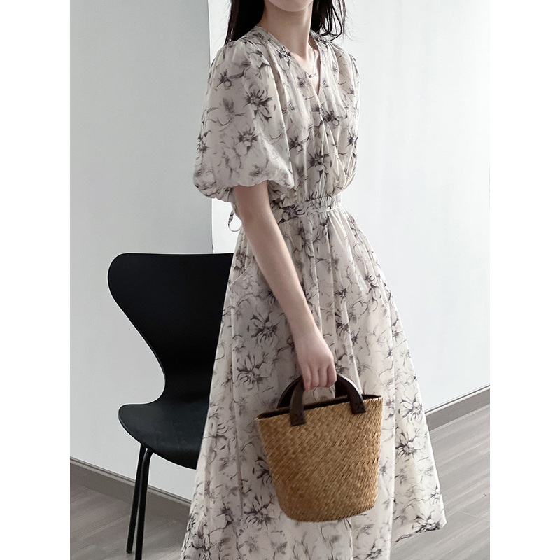 Vintage Floral V-Neck Puff Sleeve Loose Dress