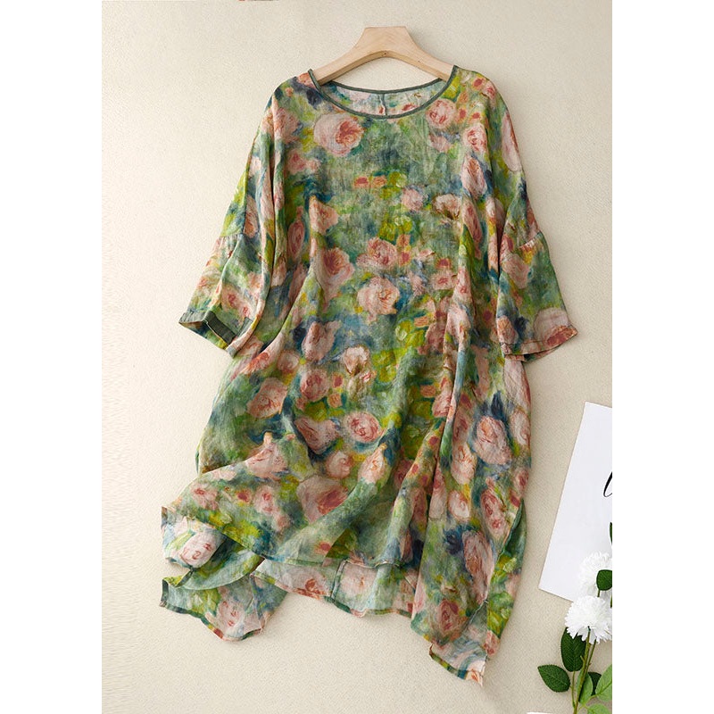 Vintage Green O Neck Print Patchwork Linen Mid Dress Bracelet Sleeve
