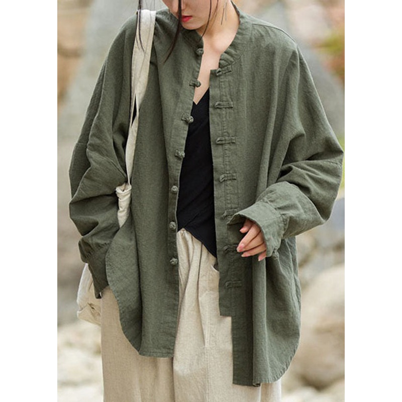 Vintage Green Stand Collar Chinese Button Patchwork Cotton Coat Fall