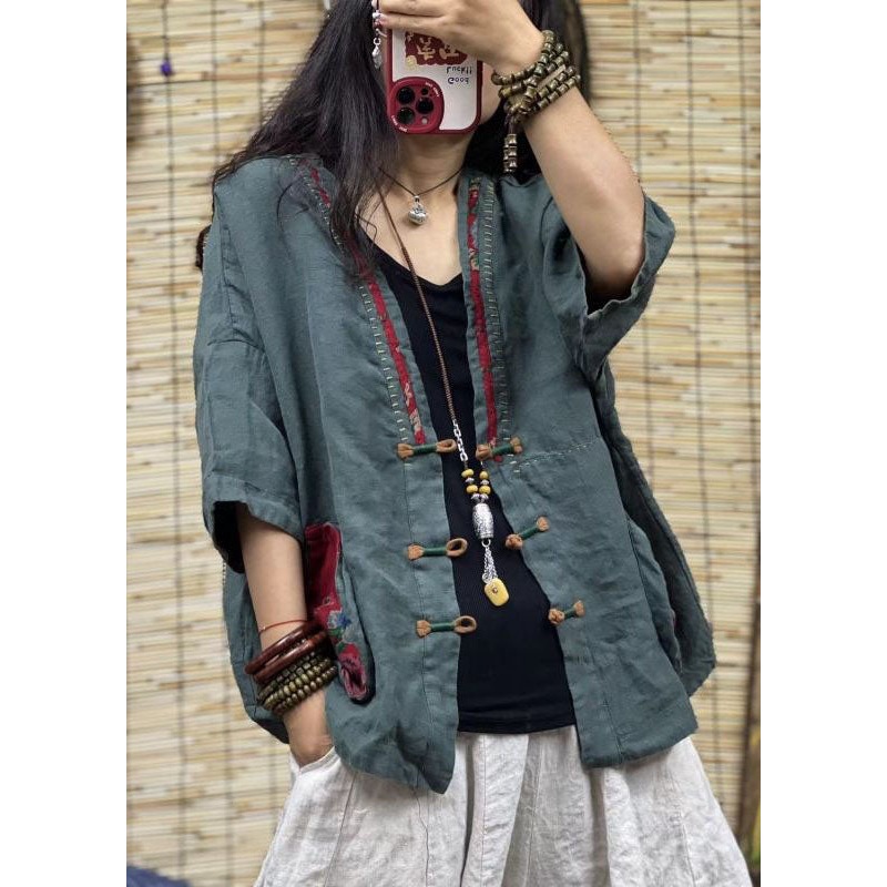 Vintage Green V Neck Pockets Chinese Button Patchwork Linen Coats Summer