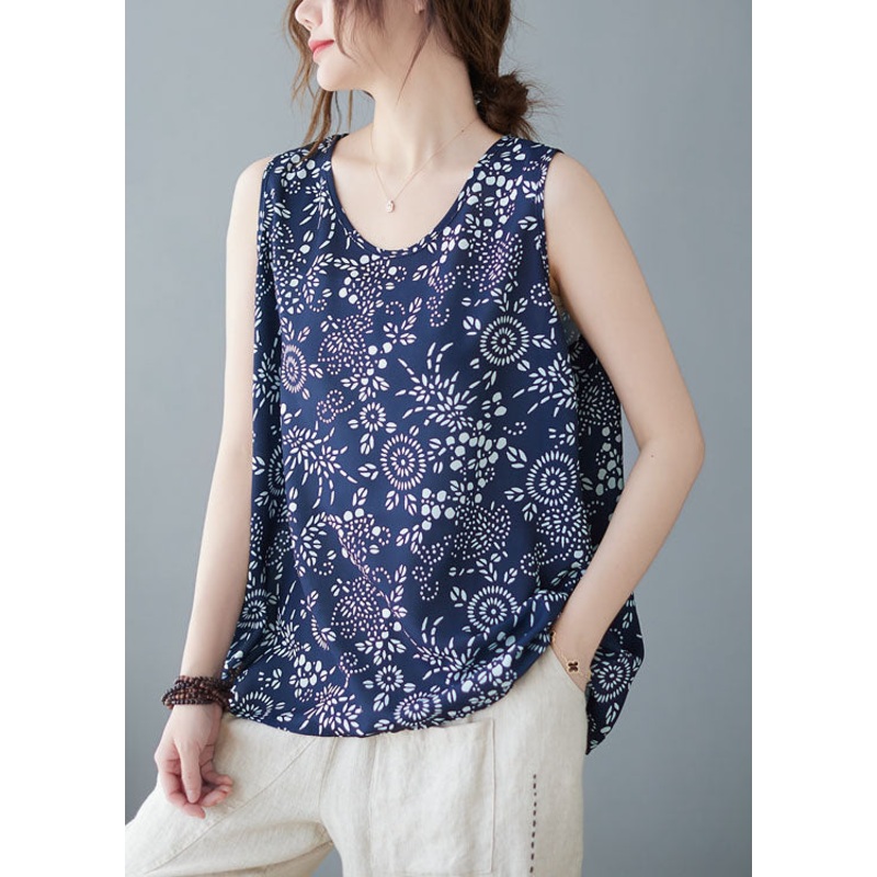 Vintage Navy O Neck Print Patchwork Cotton T Shirt Top Sleeveless