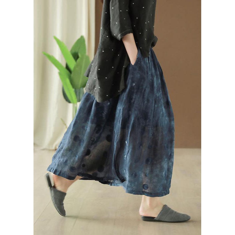 Vintage Navy Wrinkled Pockets Patchwork Linen Skirts Summer