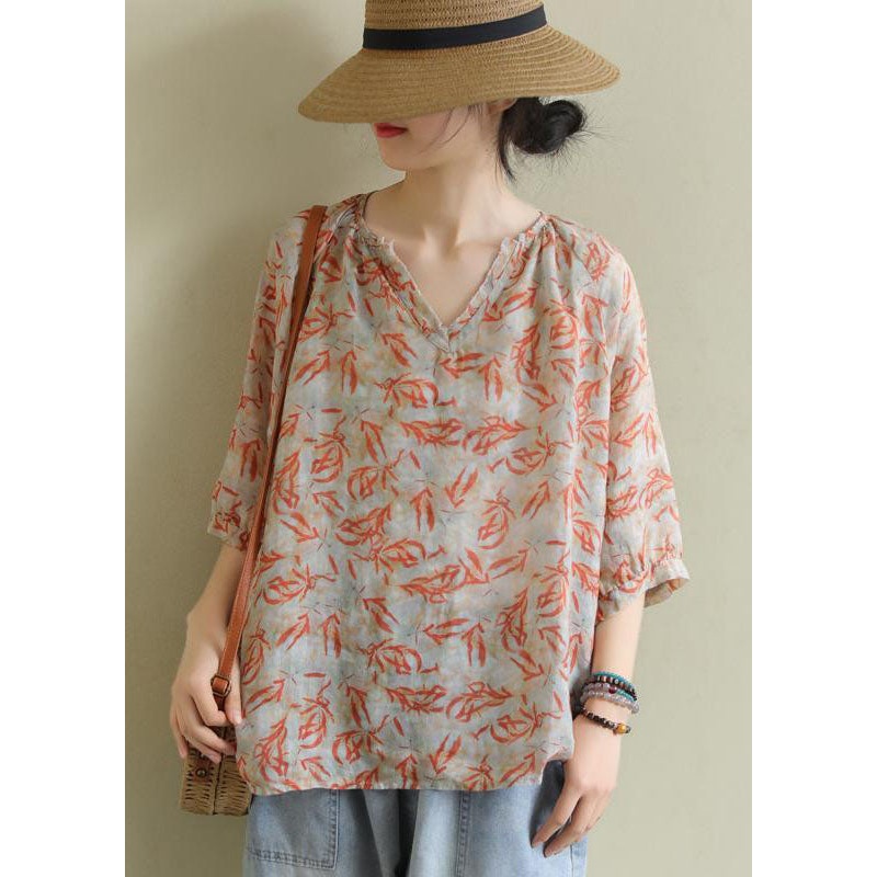 Vintage Orange V Neck Print Patchwork Cotton Shirt Summer