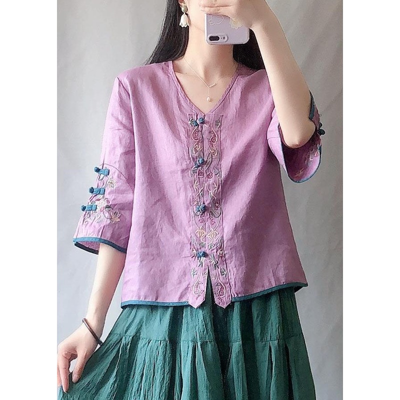 Vintage Purple Embroideried Chinese Button Patchwork Linen Shirt Top Summer