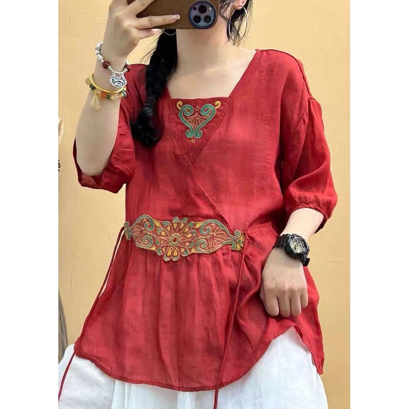 Vintage Red Embroidered Cinched Patchwork Linen Shirt Top Summer