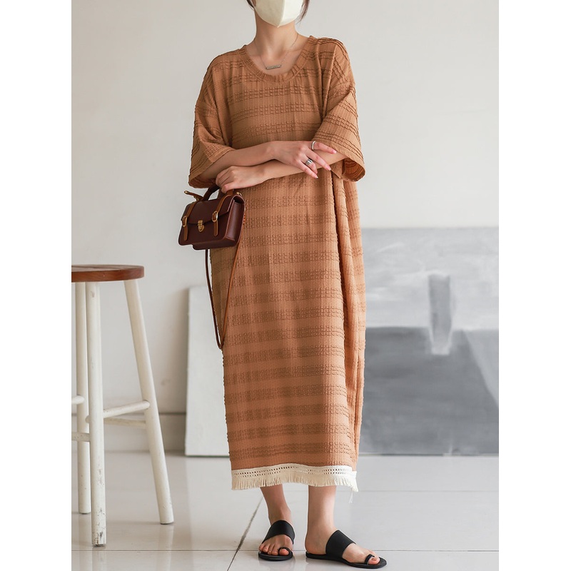 Vintage Stripe Jacquard Tassel Solid Loose Dress