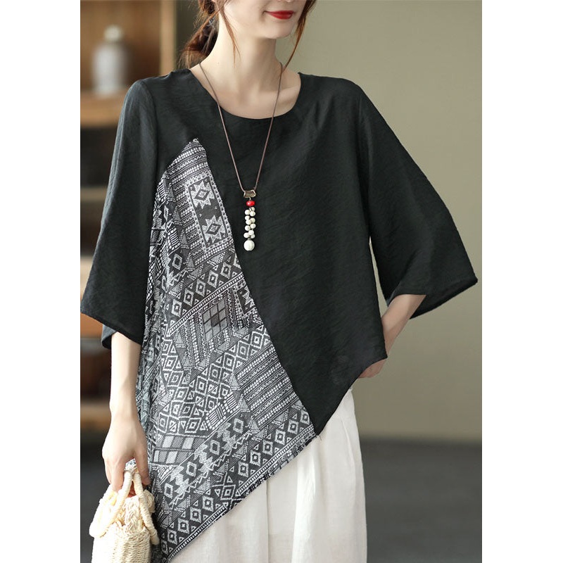 Women Black Asymmetrical Print Patchwork Cotton Blouses Summer