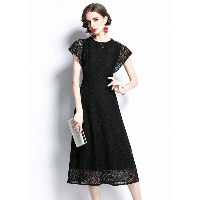 Women Black O Neck Hollow Out Patchwork Lace Dresses Batwing Sleeve
